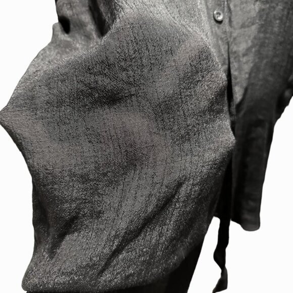 Mandarin Collar Sheer Button Down Long Sleeve Shirt Black - Picture 3 of 5